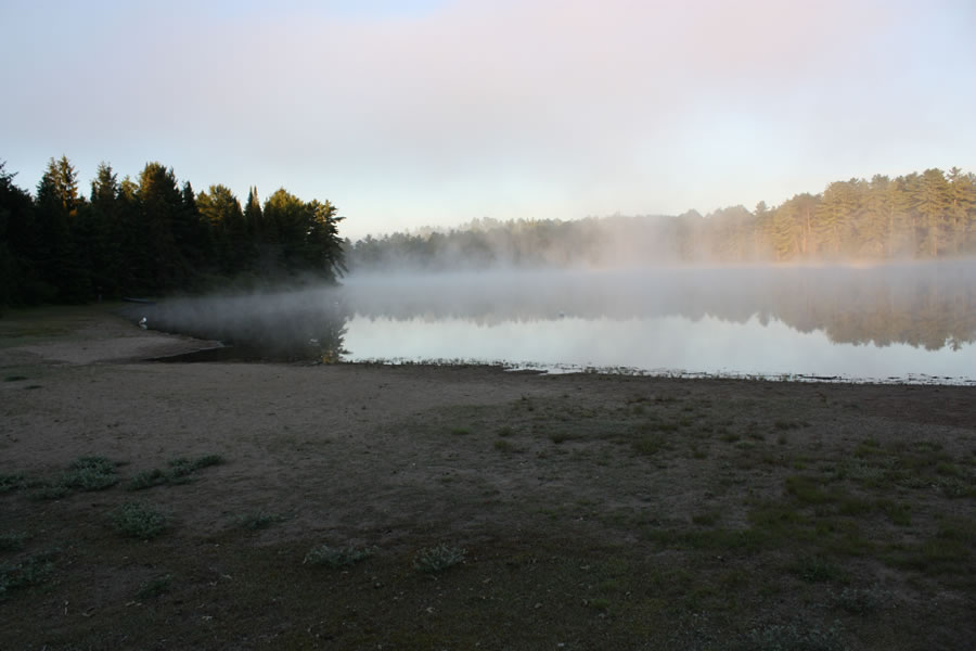 Mew Lake beach on a foggy morning
