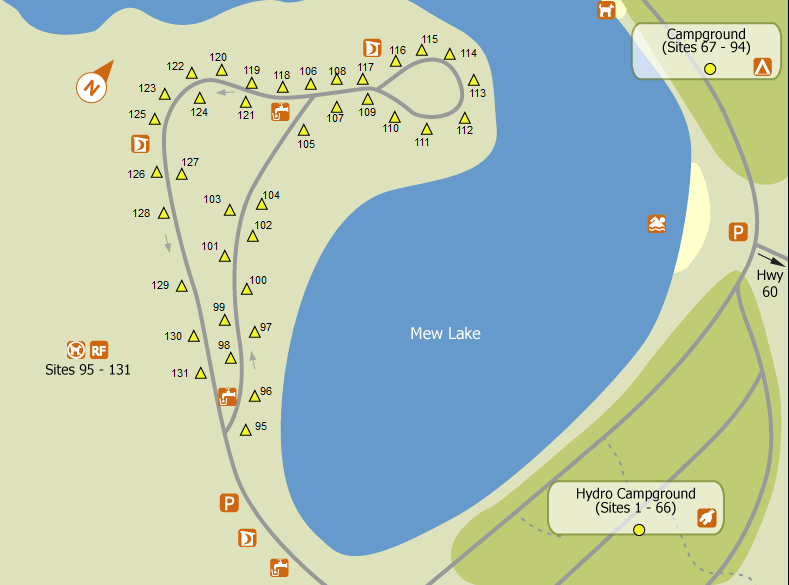 Mew Lake campground map: Dog-free / Radio-free